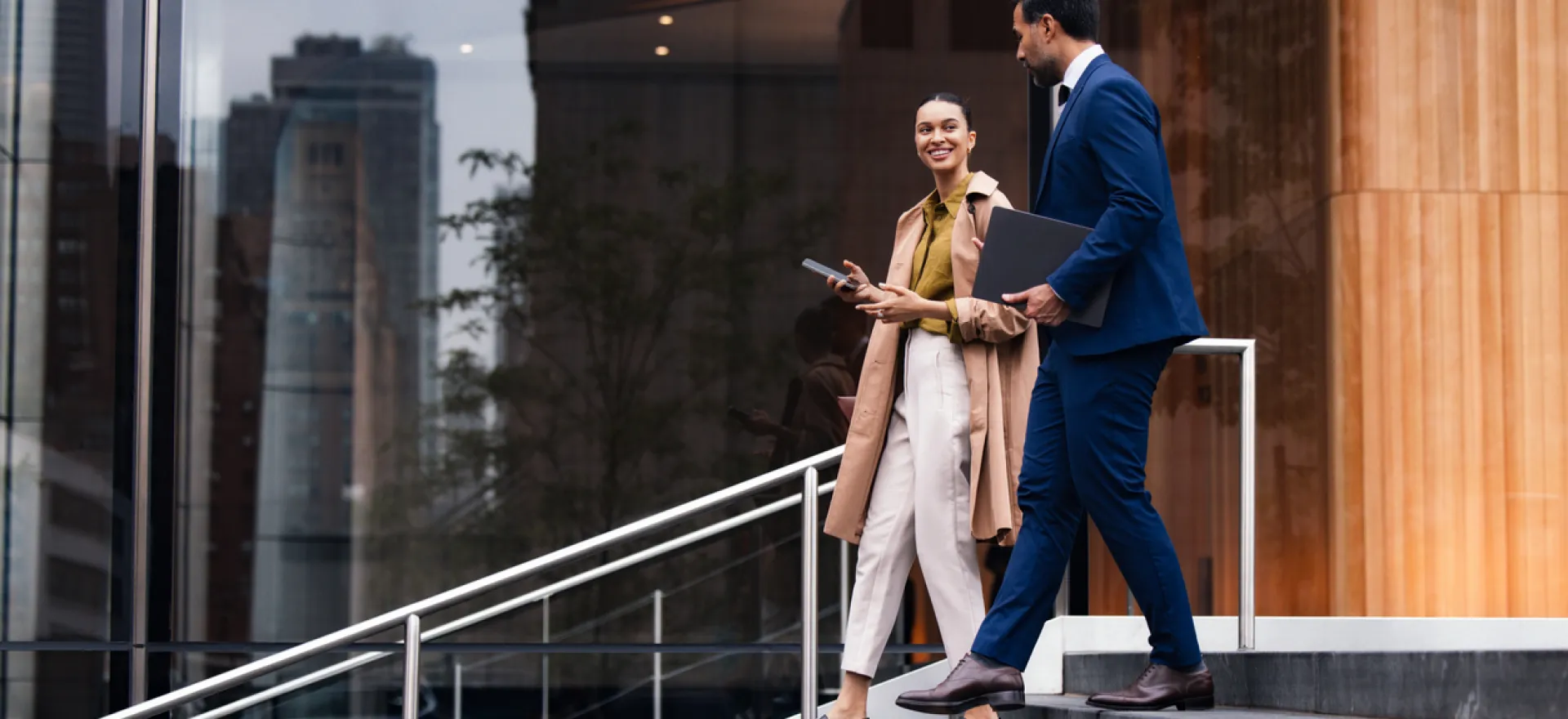 business professionals walking down steps