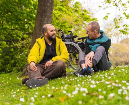 two friends laughing outside